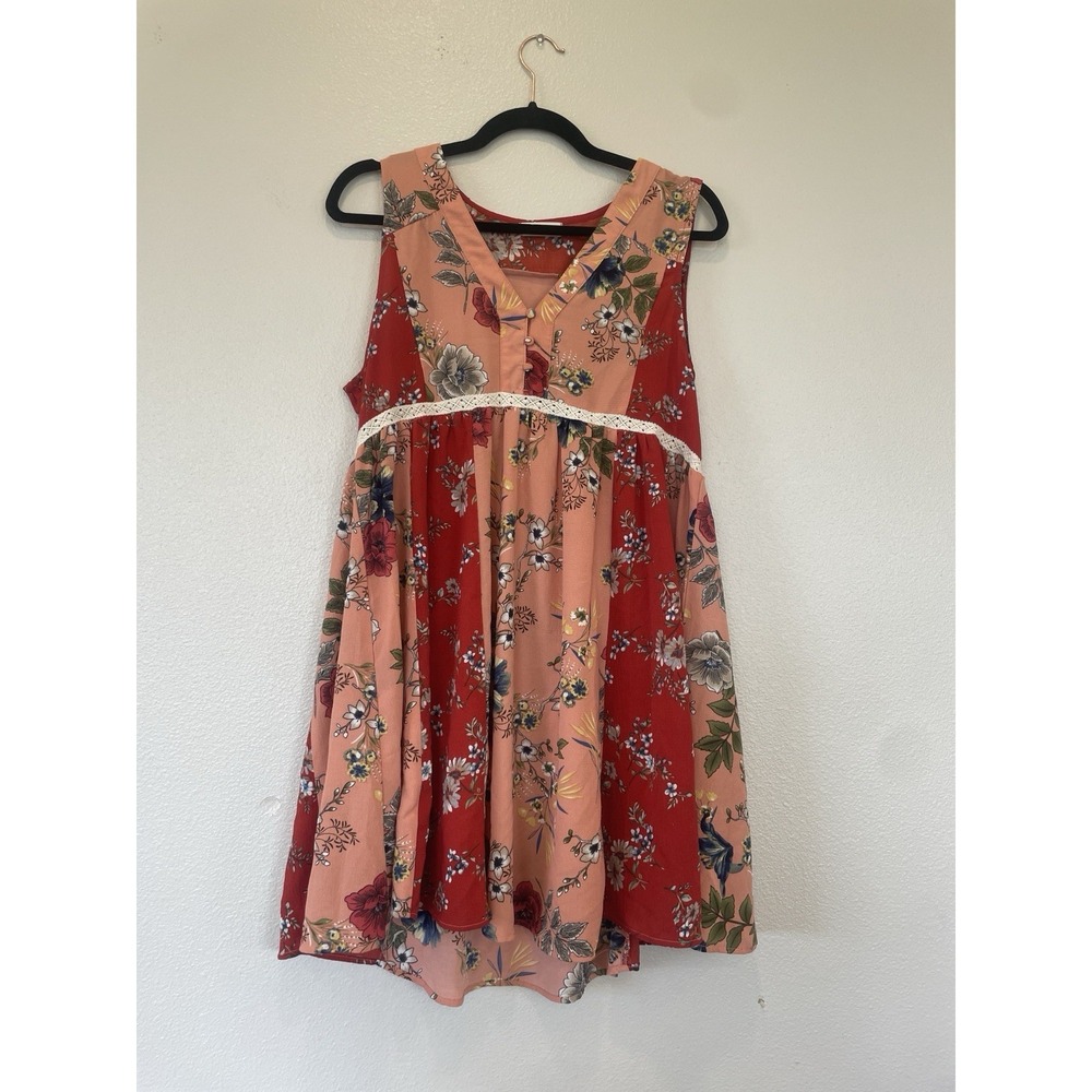 Faveur Red Pink Floral Babydoll Boho Sleeveless Top Women's Size Small‎